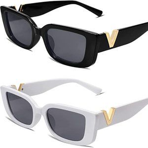 2 Pack Vintage Rectangle Sunglasses for Women 90s Retro